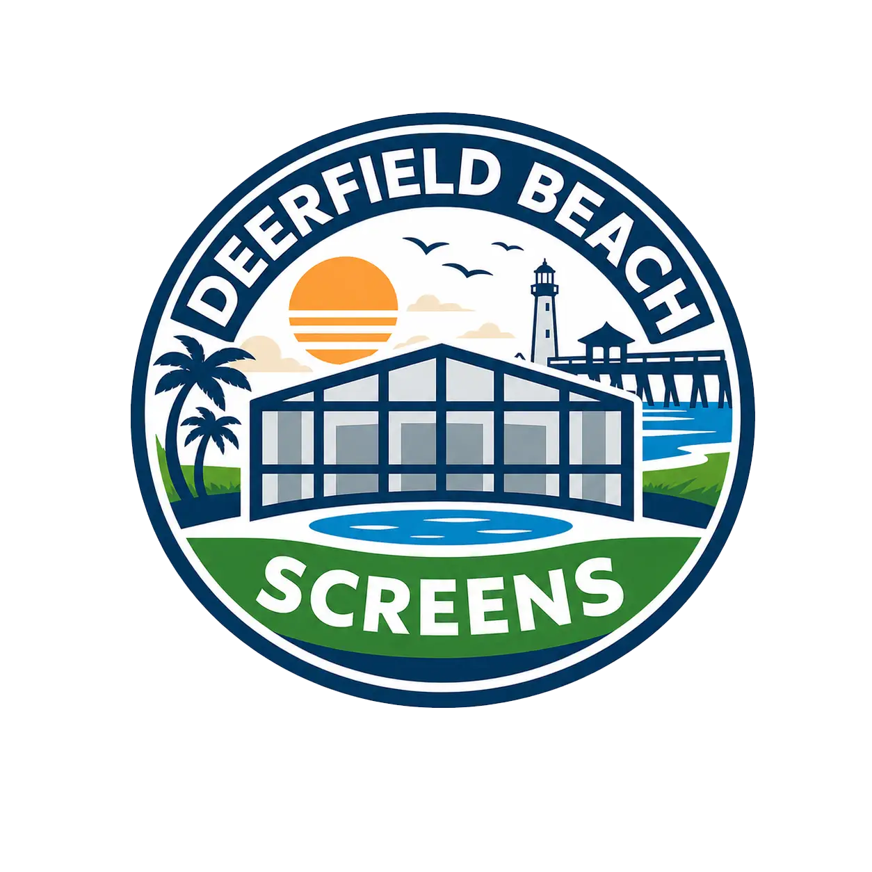 Deerfield Beach Screens logo featuring screen enclosure and coastal landmark design